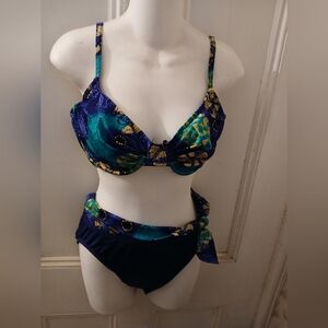 Vintage Athena Two Piece Bathing Suit Blue and Green Patterned 1990s SZ 14